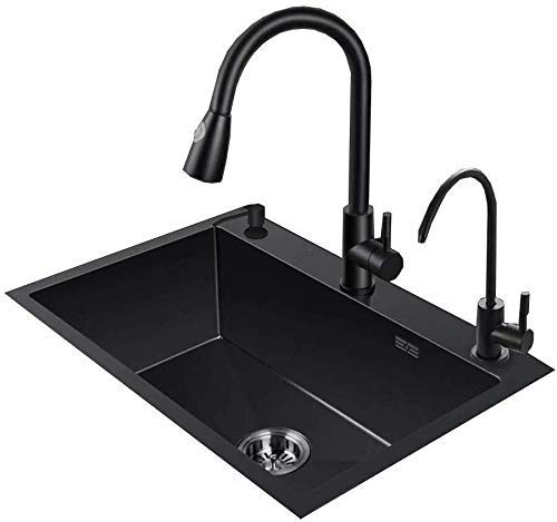 SJZWCHQ Waschbecken, Küchenspüle, Einzelwaschbecken aus schwarzem Edelstahl mit ausziehbarem Wasserhahn für sauberes Wasser, 600 x 400 x 220 mm, 600 x 400 x 220 mm von SJZWCHQ