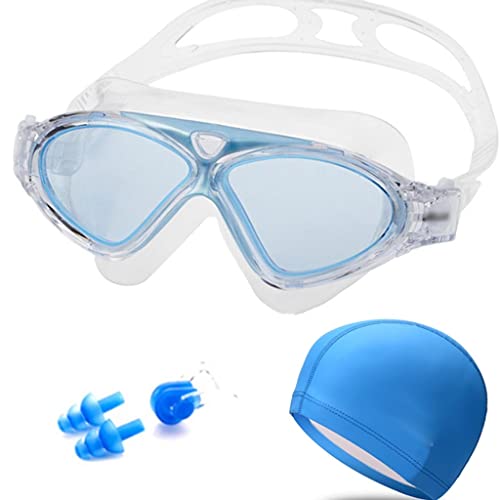 SJZZJSBX Schwimmbrille, beschlagfrei, wasserdicht, für Erwachsene, Schwimmbrille mit Ohrstöpsel, Badekappe für Männer und Frauen, Sport-Tauchbrille (Farbe: Blau, Größe: Einheitsgröße) (Schwarz, von SJZZJSBX