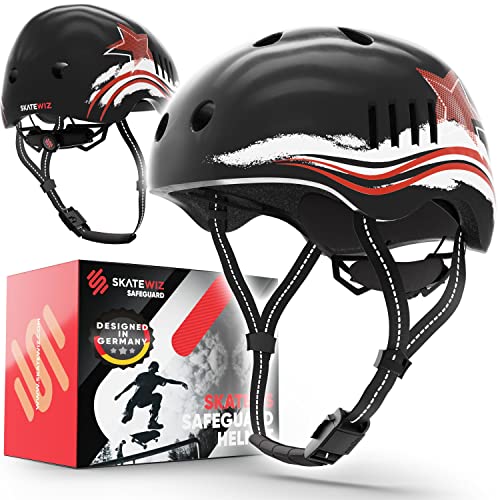 SKATEWIZ Kinder Fahrradhelm Mädchen - Fahrradhelm Kinder Jungen, Fahrradhelm Kinder - Skaterhelm Kinder, Fahrrad Helm Kind, Kinderhelm - Helm Kinder, Helm Fahrrad - Größe S Schwarz-Rot Stern SKATEWIZ Kinder Fahrradhelm Mädchen - Fahrradhelm Kinder Jungen, Fahrradhelm Kinder - Skaterhelm Kinder, Fahrrad Helm Kind, Kinderhelm - Helm Kinder, Helm Fahrrad - Größe S Schwarz-Rot Stern von SKATEWIZ