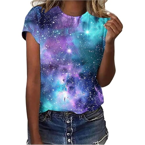 3D Galaxie Drucken T-Shirt Ausgefallene Tshirt Damen Bluse Sternenhimmel Kurzarm Shirt Rundhalsausschnitt Locker Frauen Oberteile Sommer Top Sport T-Shirts Teenager Mädchen Kleidung Y2k Sommerkleidung von SKFLABOOF