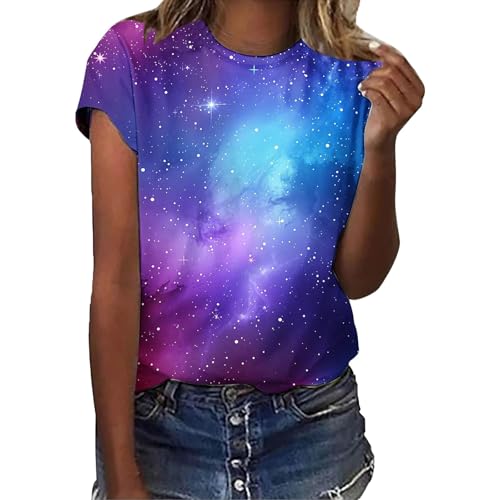 3D Galaxie Drucken T-Shirt Ausgefallene Tshirt Damen Bluse Sternenhimmel Kurzarm Shirt Rundhalsausschnitt Locker Frauen Oberteile Sommer Top Sport T-Shirts Teenager Mädchen Kleidung Y2k Sommerkleidung von SKFLABOOF