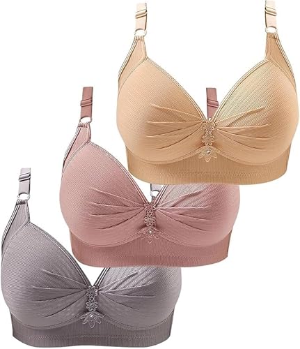 3er Pack Sport BH Push Up, Stretch Soft-BH, Sexy Sport Bustier Damen Frauen Starker Halt Große Brüste Büstenhalter Bra Set, Klassische Solid Unterwäsche ohne Bügel Gather-BH Beige,Rosa,Grau 42 von SKFLABOOF