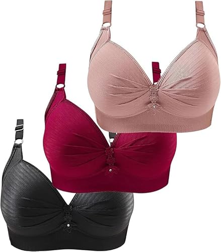 3er Pack Sport BH Push Up, Stretch Soft-BH, Sexy Sport Bustier Damen Frauen Starker Halt Große Brüste Büstenhalter Bra Set, Klassische Solid Unterwäsche ohne Bügel Gather-BH Rosa,Rot,Schwarz 48 von SKFLABOOF