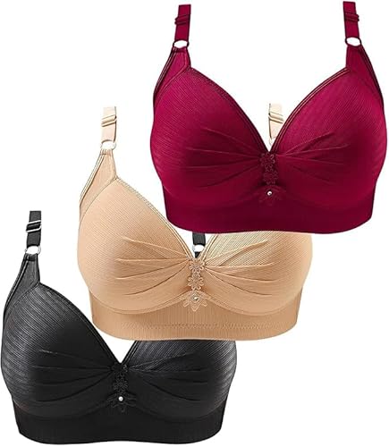 3er Pack Sport BH Push Up, Stretch Soft-BH, Sexy Sport Bustier Damen Frauen Starker Halt Große Brüste Büstenhalter Bra Set, Klassische Solid Unterwäsche ohne Bügel Gather-BH Rot,Beige,Schwarz 42 von SKFLABOOF