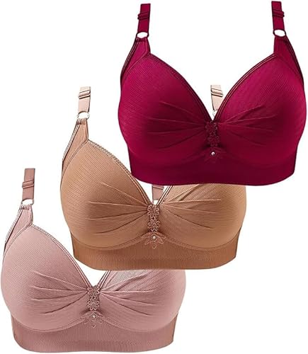 3er Pack Sport BH Push Up, Stretch Soft-BH, Sexy Sport Bustier Damen Frauen Starker Halt Große Brüste Büstenhalter Bra Set, Klassische Solid Unterwäsche ohne Bügel Gather-BH Rot,Khaki,Rosa 40 von SKFLABOOF