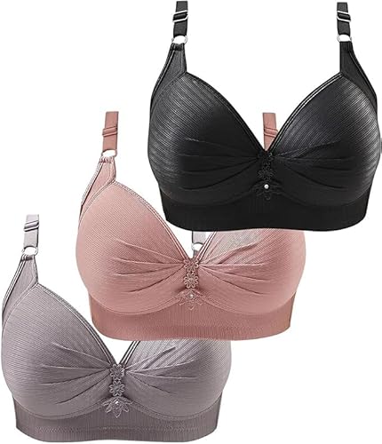 3er Pack Sport BH Push Up, Stretch Soft-BH, Sexy Sport Bustier Damen Frauen Starker Halt Große Brüste Büstenhalter Bra Set, Klassische Solid Unterwäsche ohne Bügel Gather-BH Schwarz,Rosa,Grau 36 von SKFLABOOF