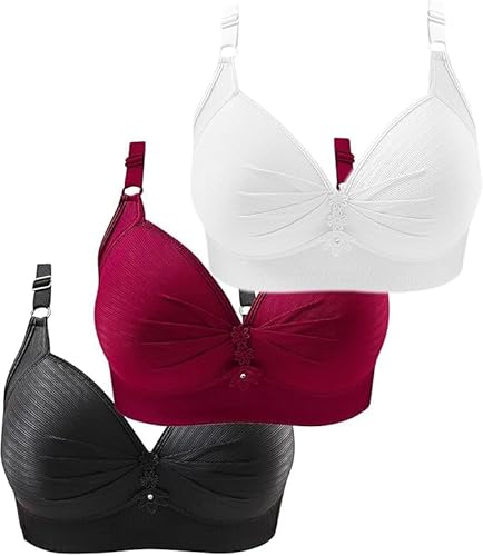 3er Pack Sport BH Push Up, Stretch Soft-BH, Sexy Sport Bustier Damen Frauen Starker Halt Große Brüste Büstenhalter Bra Set, Klassische Solid Unterwäsche ohne Bügel Gather-BH Weiß,Rot,Schwarz 48 von SKFLABOOF