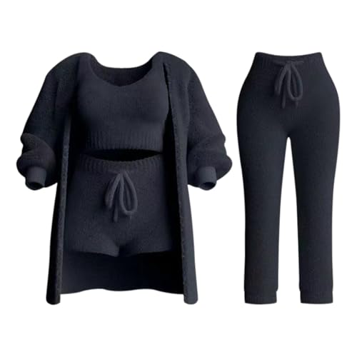 4 Teiler Hausanzug Damen Kuschelig, Elegant Fleece Anzug, Flauschig Kurz Jogginganzug, Pyjama Damen Sexy Winter, Trainingsanzug, Kuschel Lounge Set Damen, Homewear Damen Set Schwarz L von SKFLABOOF