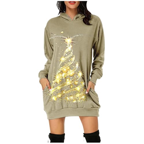 Angebote Tages blitzangebote, Weihnachtskleid Hoodie Kleid Damen Christmas Pullover Kapuzenpullover Lang Weihnachten Kleidung Weihnachtspulli Kleider Beige, M von SKFLABOOF