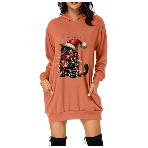 Angebote Tages blitzangebote, Weihnachtskleid Hoodie Kleid Damen Weihnachts Christmas Long Pullover Sweatshirt Schöne Kleider Kleidung Pullis Orange, S von SKFLABOOF