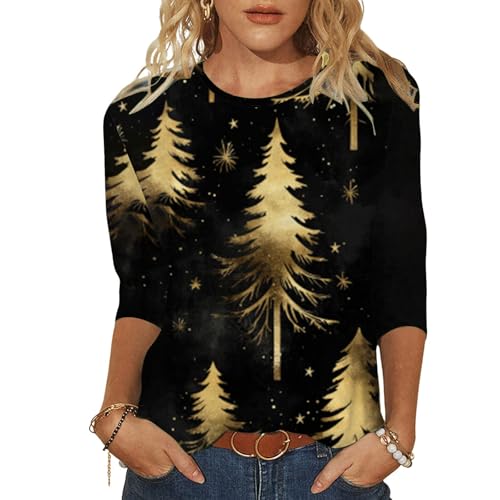 Angebote des Tages Heute, Weihnachts Bluse Damen Shirts Pullover Weihnachten Weihnachtskleidung Shirt 3/4 Arm Kleid Weihnachtskostüm Gold, L von SKFLABOOF