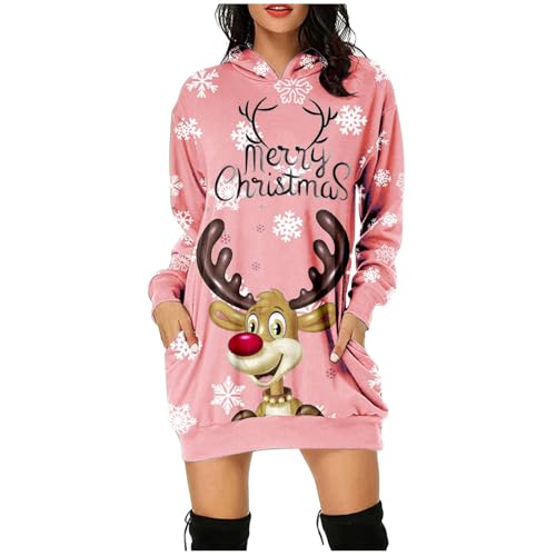 Angebote des Tages Heute Damen, Weihnachtsshirt Damen Langarm Weihnachtspullover Weihnachts Pullis Hoodie Kleid Lang Pullover Weihnachtskostüm Longpulli Rosa, L von SKFLABOOF