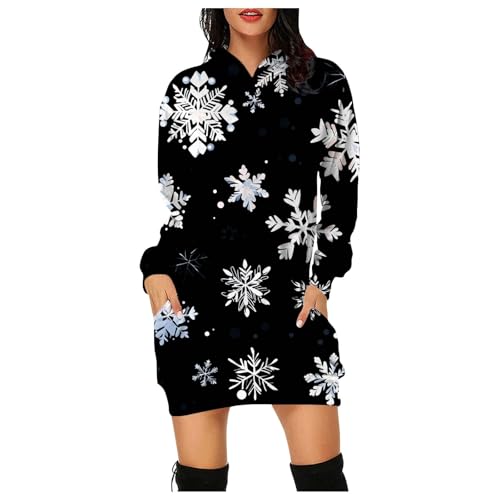 Angebote des Tages Heute Deal, Weihnachtskleid Pullover Kleid Damen Lustig Sweetkleid Winter Weihnachtspullover Weihnachten Christmas Hoodiekleid Schwarz, XXL von SKFLABOOF