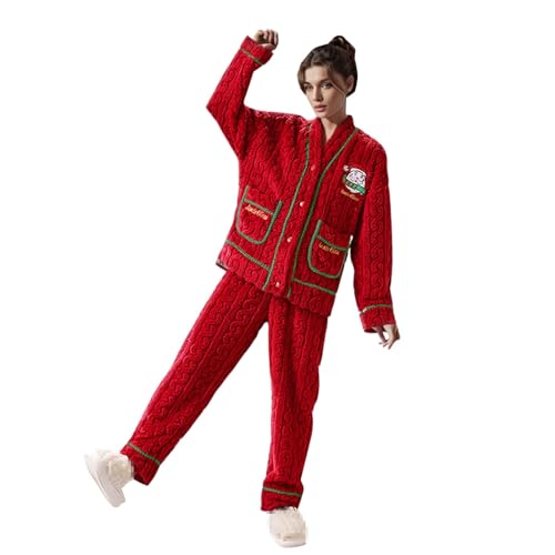 Angebote des Tages Heute blitzangebote, Damen Schlafanzug Winter Lang Schlafanzüge Hausanzug 2-Teilig Damenschlafanzug Pyjama Set Warm Freizeitanzug Rot, XL von SKFLABOOF