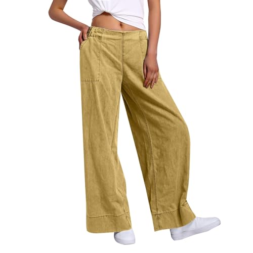 Baggy Jeans Damen Wide Leg 2000s Clothes Gerade Stretch Hose Weites Bein Boyfriend Straight Gerades mit Knopflöchern Gelb, L von SKFLABOOF