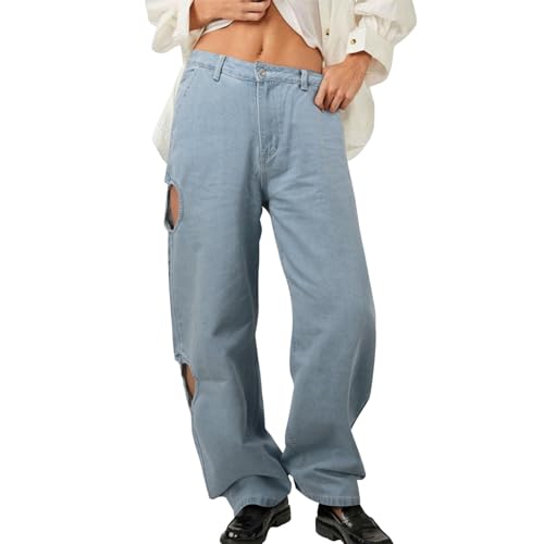 Baggy Jeans Teenager mädchen, High Waist Jeans Damen Hosen Gerades Bein Mit Weitem Schwarze Baggy Mädchen Teenager Hose Cargo Weites Klamotten Blau, XL von SKFLABOOF