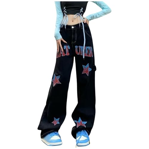 Baggy Jeans Teenager mädchen, Jeans Damen High Waist Hose Teenager Mädchen Graue Baggy Y2k Pants Outfit Boyfriend Style Sachen Für Ab 12 Low Bequeme Straight Wide Leg Schwarz, XXL von SKFLABOOF