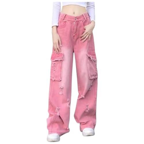 Baggy Jeans Teenager mädchen, Jeans Damen High Waist Jeanshose Boyfriend Hose Baggy 2000er Kleidung Low Weit Gerades Bein Jogginghose Jungen-Jeanshosen Breite Rosa, L von SKFLABOOF