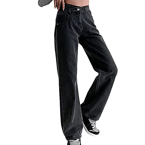 Baggy Jeans Teenager mädchen, Jeans Damen Low Waist 2000er Jahre Outfit Jeanshose Sommer Baggy High Y2k Weite Hosen Wide Leg 2000s Clothes Aesthetic Hüftjeans Hose Schwarz, L von SKFLABOOF