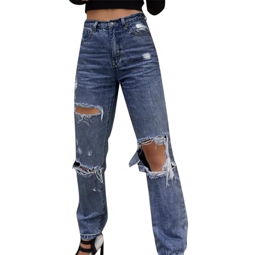 Baggy Jeans Teenager mädchen, Jeans Damen Weite Schwarze Baggy Loose Fit Straight Leg Highwaist Jeanshosen Für Cargohose Sommer Hose 90er Jahre Outfit Y2k Pants Blau, XXL von SKFLABOOF