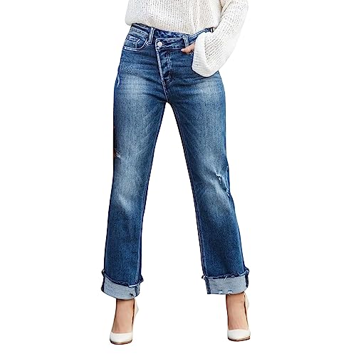 Baggy Jeans Teenager mädchen, Jeans Damen Weites Bein Low Waist Baggy Cargo Pants Women Hose Wide Leg Mädchen Boyfriend Jeanshosen Teenager Klamotten High Mom Damenhose BU1, XL von SKFLABOOF