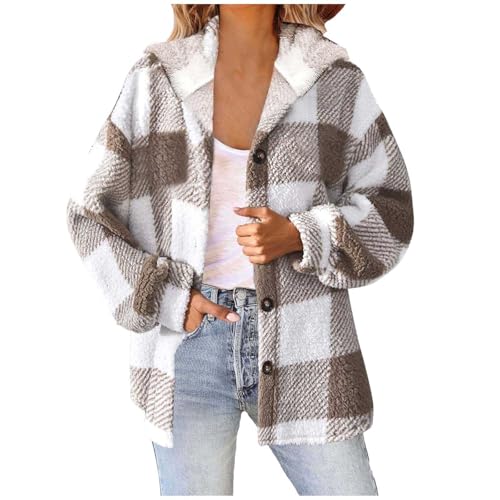 Befristetes Angebot Heute,Teddyjacke Damen Karierte Fleecejacke Knöpfen Hemdjacke Winterjacke Kuscheljacke Shacket Plüschjacke Teddyfleece Jacke Karohemd Wintermantel Langarm Übergangsjacke Mantel von SKFLABOOF