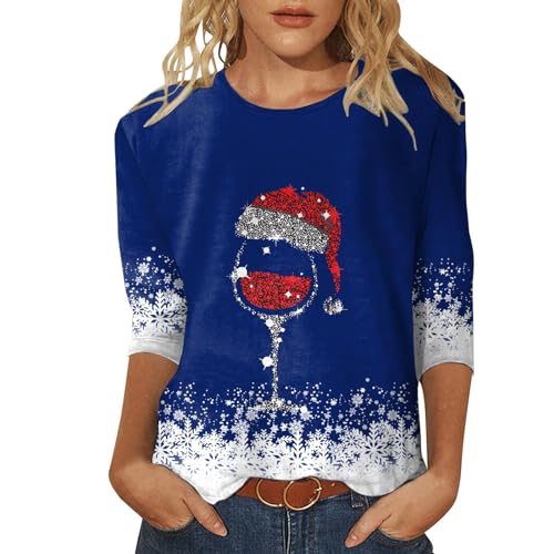 Black Friday, Weihnachts Bluse Damen Weihnachtsshirt Weihnachtspullover Hässlich Weihnachten Kleid Weihnachtskleidung Shirt 3/4arm Mode Blau, XL von SKFLABOOF