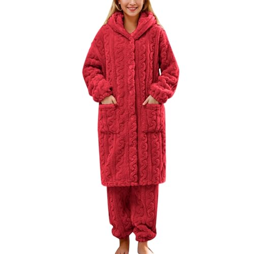 Black Friday Angebote 2024, Fleece Schlafanzug Damen Lang Winter Outfit Pyjama Langarm Kuschelig Clothes Women Herren Frottee Warm Hausanzug Rot, XL von SKFLABOOF