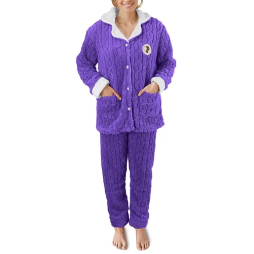 Black Friday Angebote 2024, Fleece Schlafanzug Damen Pyjama Lang Hose Winter Teenager Mädchen Kuschelhose Flauschig Oberteile Oberteil Partner Pyjamas Lila, L von SKFLABOOF