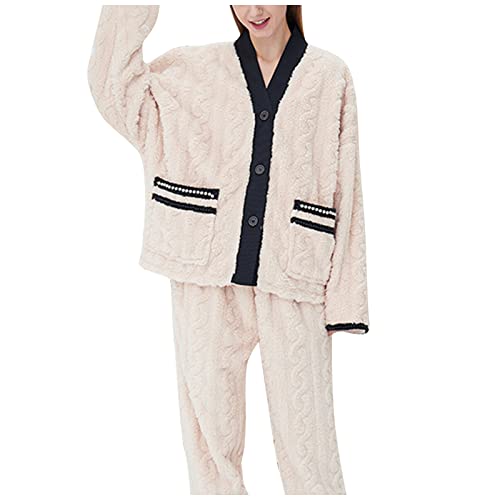 Black Friday Angebote 2024, Kuschel Pyjama Damen Couple Set Plüschhose Pijamas Herren Winter Lang Flanell Pyjamahose Schlafanzug Warm Weihnachten Beige, XL von SKFLABOOF