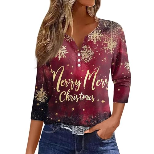 Black Friday Angebote 2042, Weihnachtsshirt Damen V Ausschnitt Christmas Tshirt Lustige 3/4 Arm Weihnachtspullover Pullover Weihnachten 3/4 Ärmel Weihnachtsmann Knöpfen Damen 007a Wein, XXL von SKFLABOOF