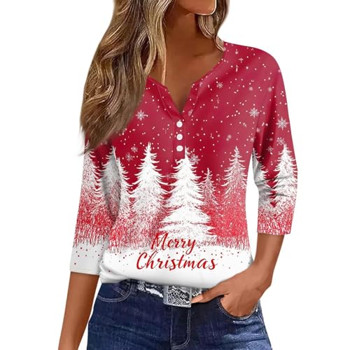 Black Friday Angebote 2056, Weihnachtsshirt Damen V Ausschnitt Christmas Tshirt Lustige 3/4 Arm Weihnachtspullover Pullover Weihnachten 3/4 Ärmel Weihnachtsmann Knöpfen Damen 011a Rot -1, XL von SKFLABOOF