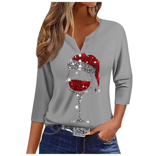 Black Friday Angebote 2129, Weihnachtsshirt Damen V Ausschnitt Christmas Tshirt Lustige 3/4 Arm Weihnachtspullover Pullover Weihnachten 3/4 Ärmel Weihnachtsmann Knöpfen Damen 028c Grau -7, L von SKFLABOOF