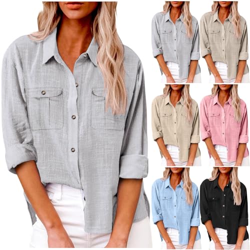 Bluse Damen Business Outfit Hemd Damen Boho Kleidung Oberteil Einfarbig Vintage Roll Up Knöpfe Leinenhemd Hawaii Hemd Langarmshirt von SKFLABOOF