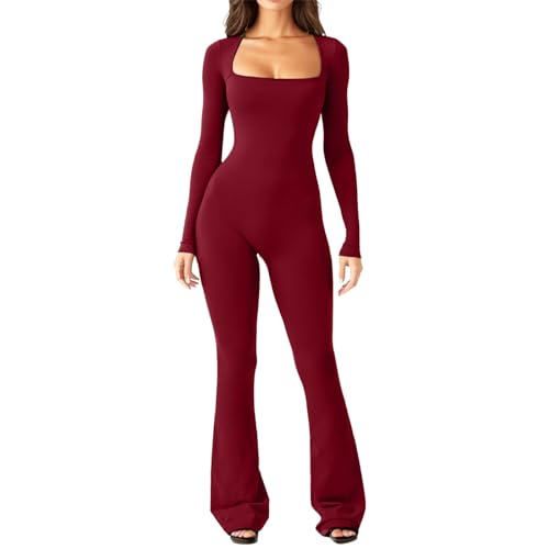 Body Damen Langarm Jumpsuit Damen Elegant Sexy Outfit Trainingsanzug Freizeitanzug Sportanzug Hosenanzug Damen Sportoutfit Damen Set Fitness Kleidung Ballett Trikot Pilates Outfit Rot M von SKFLABOOF