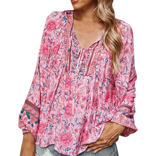 Boho V-Ausschnitt Blumenmuster Bluse Damen Elegant Lässige 70er Jahre Outfit Tunika Damen Langarm Casual Sommer Outfits Rosa S von SKFLABOOF