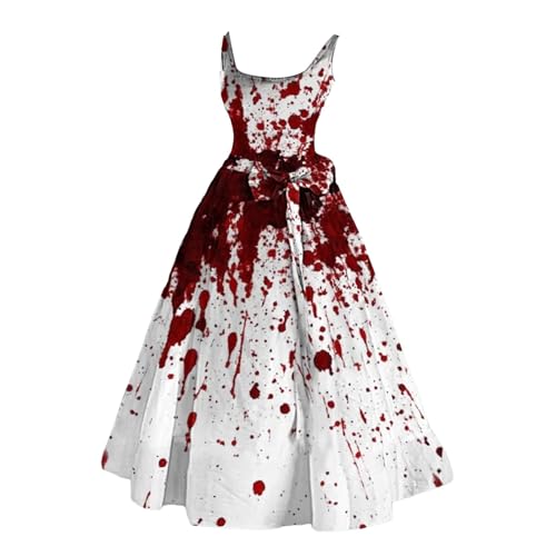 Camisole Kleid, Halloween Kostüm Damen Gruselig - Kleid Festival Outfit Lang Schulterfreies Schick Horror Ärmellos Ballkleider+lang Kinder Kostüme (Rot, XL) von SKFLABOOF