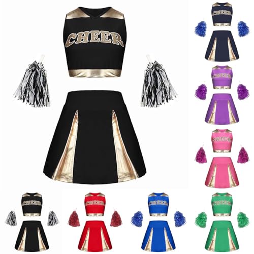 Cheerleader kostüm Kinder, Cheerleader Kostüm Damen Ärmellos Pompoms Cheerleading Faschingskostüm Lange Ärmel Cheerleader Kinder Mädchen Karneval Kostüm Damen 001 Schwarz von SKFLABOOF