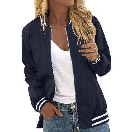 College Jacke Damen | Sommer Damenjacken Vintage Elegante Bluson-Damen Blouson Leicht Classic Bomberjacke Reissverschluss Dünne Sommermantel Jacken Für Den Übergang (Blau, L) von SKFLABOOF