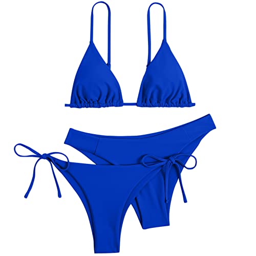 Damen 3 Packe Bikini Sets | Badebode 3-Teiliger Swimwear Bikini Set Badehose Damen Mehrfarbig Tankini Einfarbig Bikini Badeanzug (001c Blau, S) F von SKFLABOOF