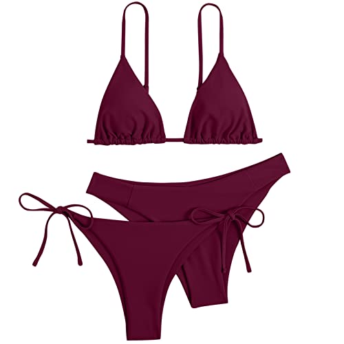 Damen 3 Packe Bikini Sets | Badebode 3-Teiliger Swimwear Bikini Set Badehose Damen Mehrfarbig Tankini Einfarbig Bikini Badeanzug (001g Wein, S) F von SKFLABOOF