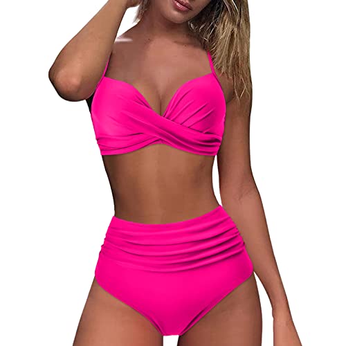 Damen Bikini Set | Gestreifte Bademode Zweiteiliger Badeanzug Wickeloptik Lace Up Bauchweg Push Up Swimsuit High Waist Triangel Bikini-Sets (001g Hot Pink, M) von SKFLABOOF