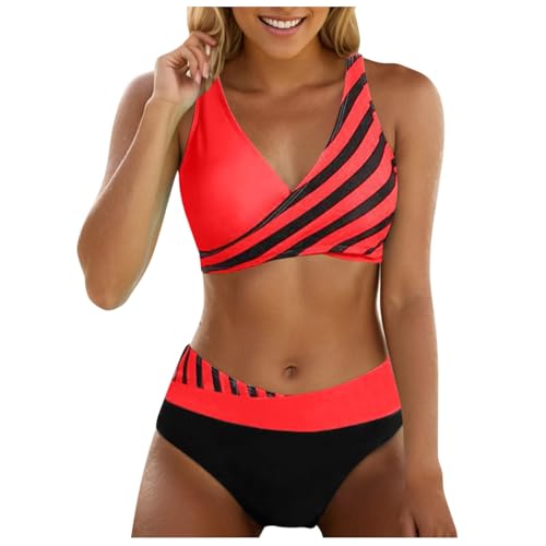 Damen Bikini Set | Push Up Triangel Badeanzug Strand Ties Zweiteiliger Bademode Bauchweg High Waist Triangel Bikini-Sets (006d Red, XL) F von SKFLABOOF