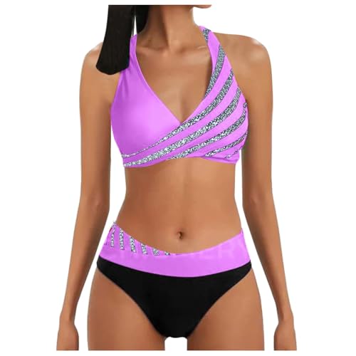 Damen Bikini Set | Sexy Push Up Badeanzug Zweiteilige Bademode Swimsuit Bauchweg High Waist Triangel Bikini-Sets (001c Purple, S) von SKFLABOOF