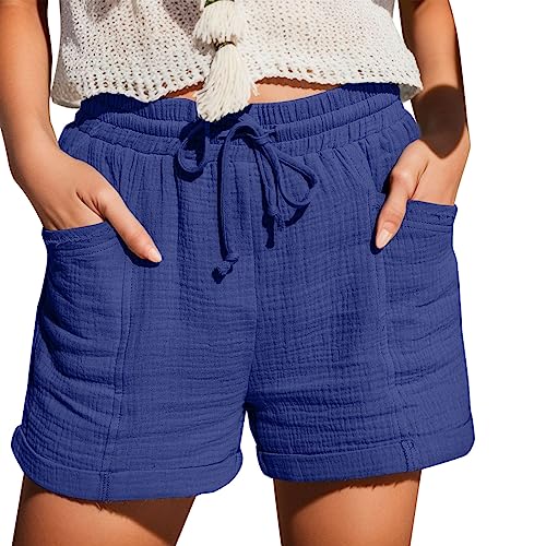 Damen Casual Musselin Shorts High Waisted 2024 Fashion Strand Kurze Hose Cute Comfy Sommerhose Damen Leicht with 2 Pockets S-5Xl Blau XL von SKFLABOOF