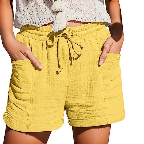 Damen Casual Musselin Shorts High Waisted 2024 Fashion Strand Kurze Hose Cute Comfy Sommerhose Damen Leicht with 2 Pockets S-5Xl Gelb L von SKFLABOOF