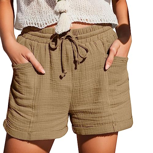 Damen Casual Musselin Shorts High Waisted 2024 Fashion Strand Kurze Hose Cute Comfy Sommerhose Damen Leicht with 2 Pockets S-5Xl Khaki M von SKFLABOOF