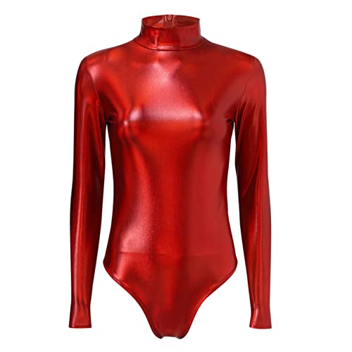 Damen Glänzende Ballettanzug Ballettbody Sport Tanz Body Gymnastikanzug Trikot Langarm Bodysuit Metallic Wetlook Einteiler Turnanzug Leotards Overall Lack Leder Oberteile Tops Kostüm Bodysuit Rot S von SKFLABOOF