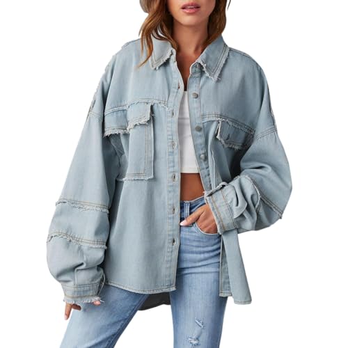 Damen Jeanshemd College Sommer Jacke Oversize Langarm Tasche Blouson Festival Casual Übergangsjacke Jeansbluse Jeansjacke Jeansjacke Jeans Weste Für Damen von SKFLABOOF