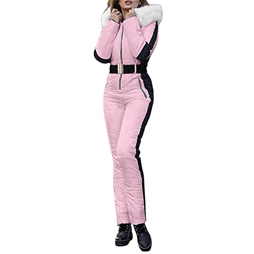 Damen Jumpsuit Skianzug - Skioverall Schneeanzug Wasserdicht Snowboardjacke mit Kapuze Warme Winter Skianzug Große Größe Skijacke Skifahren SäTze Skisuit Outdoor Winddichte Jumpsuit Rosa M von SKFLABOOF